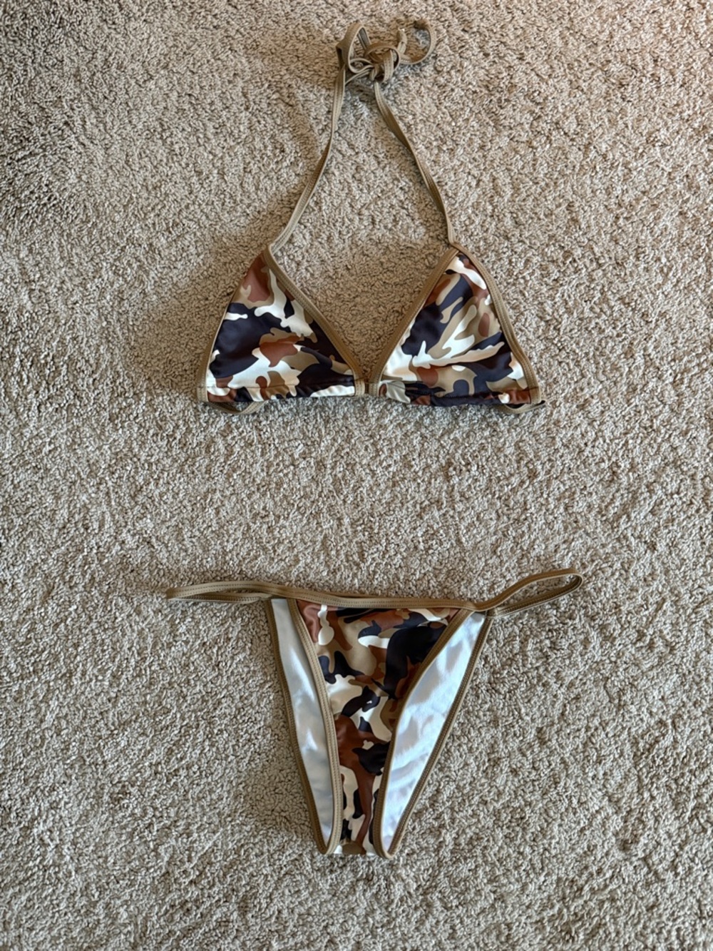 Edikted Camo Triangle String Bikini Set - Brown & Olive